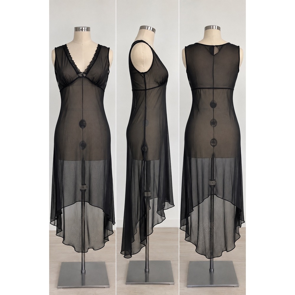 Believe Sheer Black Lace Trim High Low Midi Dress Size 8 Vintage Style Gothic